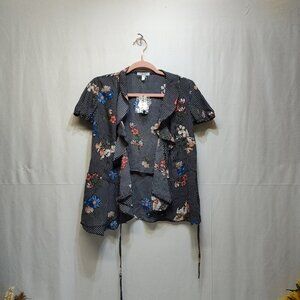 Maurices Floral Wrap Tie Top Ruffles Black White Checkered Women's Small NWT